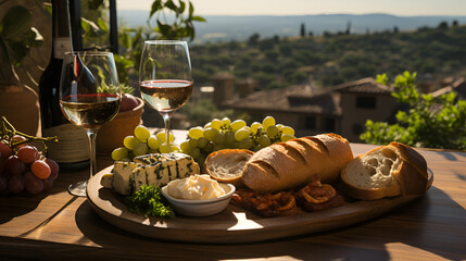 Wine, cheese, charcuterie and bread on a wooden rustic table, at a balcony balustrade - obrazy, fototapety, plakaty