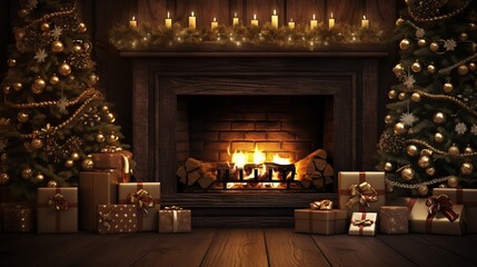 Wooden table, closeup with blurred christmas tree and gifts against the backdrop of the fireplace, copy space, 16:9