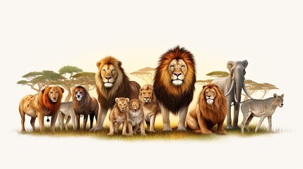 Large group of wild zoo animals together on horizontal web banner with