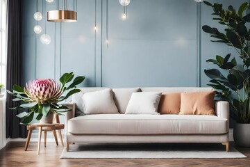 stylish interior of room with beautiful sofa 