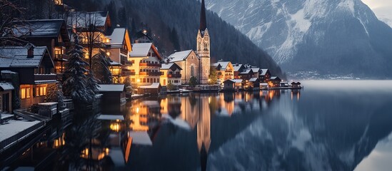 Hallstatt village in Austrian Alps. Houses and mountains are reflected in the lake. Beautiful autumn landscape