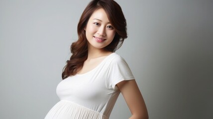 Obraz premium A photo of a pregnant woman in a casual pose with smilling against a plain white backdrop