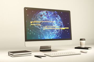 Computer monitor with abstract creative programming illustration and world map, big data and blockchain concept. 3D Rendering