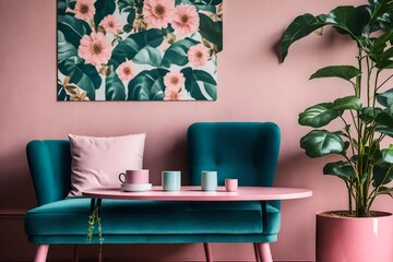 blue sofa in floral living room with poster