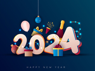 Happy New Year 2024. Creative colorful typography text and elements with lights. Vector Illustration.