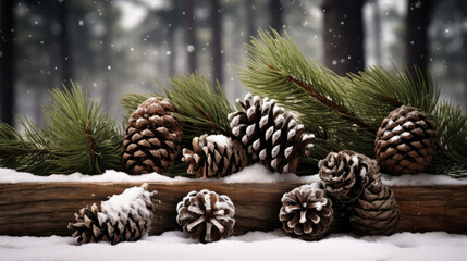 Snow-Covered Pine Cones and Evergreen Branches