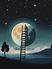 illustrazione di paesaggio notturno con una scala a pioli appoggiata ad una grande luna piena - obrazy, fototapety, plakaty