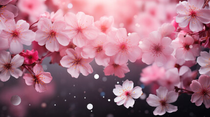 Mockup background with pink flowers and petals on gray bokeh background