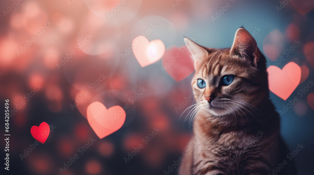 Wall mural cute cat on heart shape bokeh background