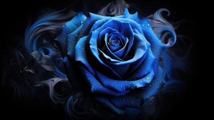 Neon blue rose wrapped in blue smoke swirl on dark background