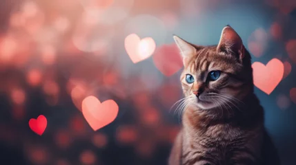 Tuinposter Cute cat on heart shape bokeh background © tashechka