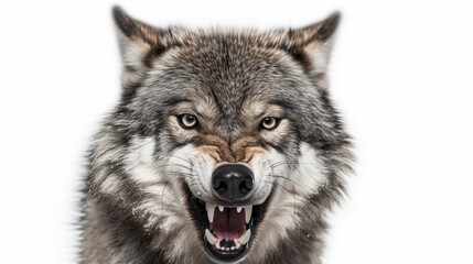 Angry timber wolf on a solid white background close-up AI generative