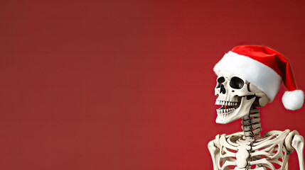 Isolated Friendly Skeleton Wearing Santa Hat with Space for Text