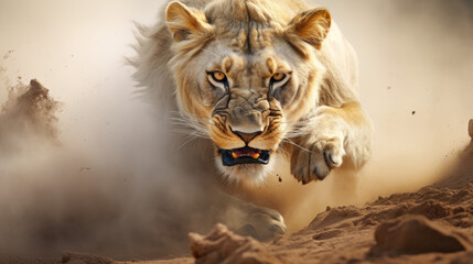 Ferocious Lioness Pursuing Prey in Cloud of Dust