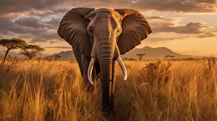 Foto op Canvas Majestic African Elephant Grazing in Golden Grass © ZegiDesign