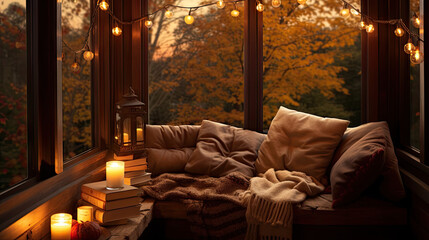 Obraz premium Cozy Autumn Reading Nook with Warm Lighting