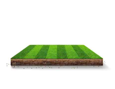 3D Football ground with green grass, isometric piece of land with sky. 3d illustration of green grass field isolated with soil section. 3d Football ground, isolated on white background.