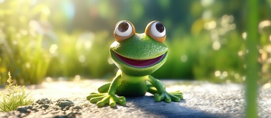 Cartoon frog sitting on the rock at pond - obrazy, fototapety, plakaty