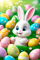 Easter greeting card. Bunny, colourful eggs and flowers, 3d render modern illuatration.