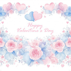 Template with watercolor flowers and heart. Decor for Valentine's Day. AI 
