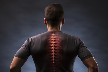 Back pain, male body torso back view, human spine