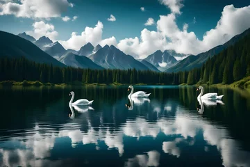 Foto auf Acrylglas side view of white swans in the water with cloudy sky © Muhammad