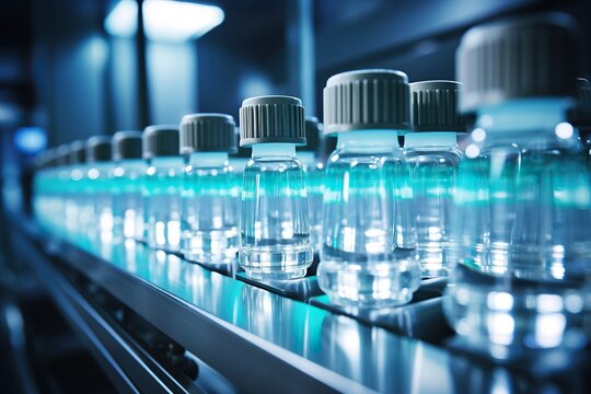 science nutritional laboratory testing glass tubes and bottles with blue liquid in selective focus, science lab concept background