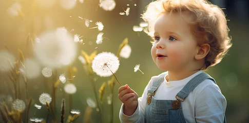 Fotobehang little kid overalls is blowing a dandelion up © Kien