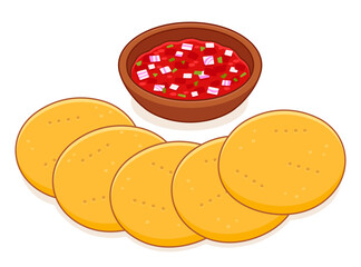 Sopaipillas with pebre, traditional Chilean food