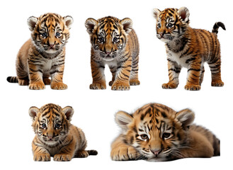 Obraz premium Set of Cute Tiger isolated cutout on transparent background.