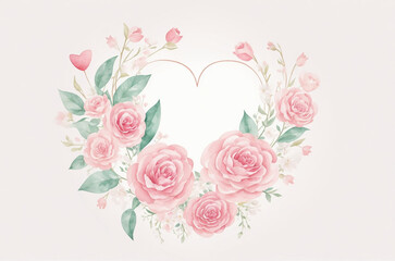 Template with watercolor flowers and heart. Decor for Valentine's Day. AI 