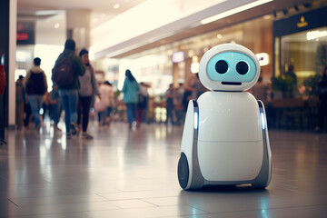 Little cute service android robot with wheels, smart technology retail business concept, at a crowded shopping mall center. Generative AI.