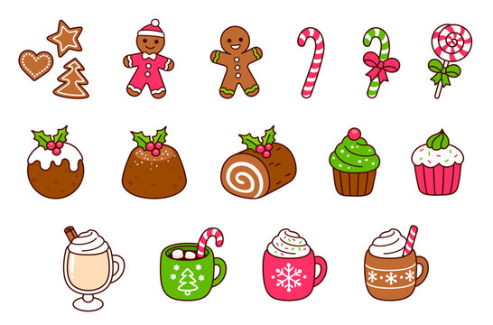 Cartoon Christmas desserts doodle icon set
