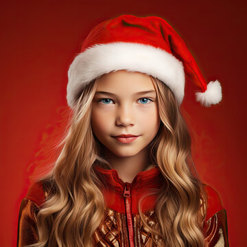 Young Caucasian girl in red wearing santa hat with red background