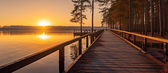 Calm Lake at Sunset, Wooden Pier with Bench