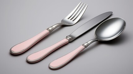 Fototapeta premium Silver fork, knife and spoons with pink handle on grey background, copy space, 16:9