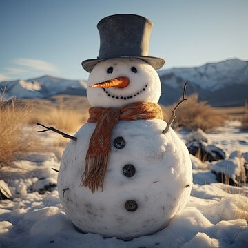 Real rustic snowman in a snowy field wearing an old top hat with carrot nose