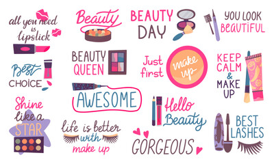Beauty makeup lettering elements with cosmetics and tools. Female beauty motivational phrases, typography collection. Fashion stickers neoteric vector set
