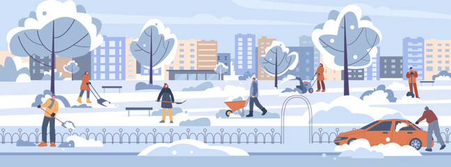 Cleaning snow in city. Male female citizens removing snow in town park and street. Seasonal snowy road, cleans with shovels kicky vector scene - obrazy, fototapety, plakaty