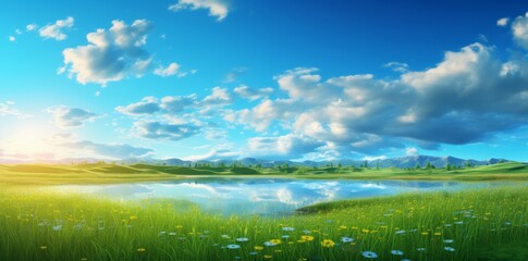 Fototapeta premium Radiant Sunshine Over Golden Meadows: A Spectacular Showcase of Nature's Beauty Generative AI