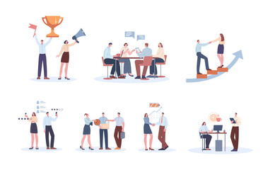 Company business ethics, employees relationships on works. Management and organization, corporate polite and company police kicky vector scene