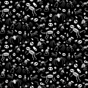 Black white Halloween seamless pattern with Animals Monster Skeletons. Roentgen skeleton bones, fairy tale characters. Ornament for printing on fabric, cover and packaging. Simple vector ornament
