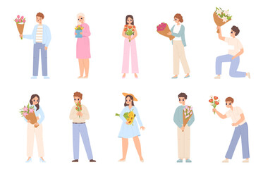 People with flowers. Woman and man hold flower and bouquet for gift. International women day, valentines day or birthday present, snugly vector set