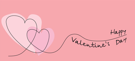 Valentine's Day minimalistic card or banner, pink background, two hearts