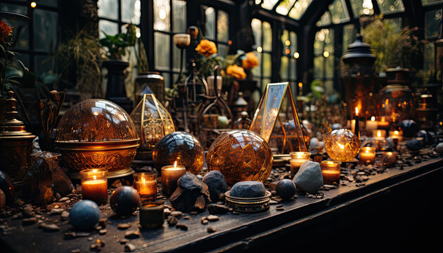 Magical interior space full of illuminated globes