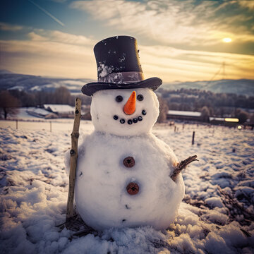Real rustic snowman in a snowy field wearing an old top hat with carrot nose