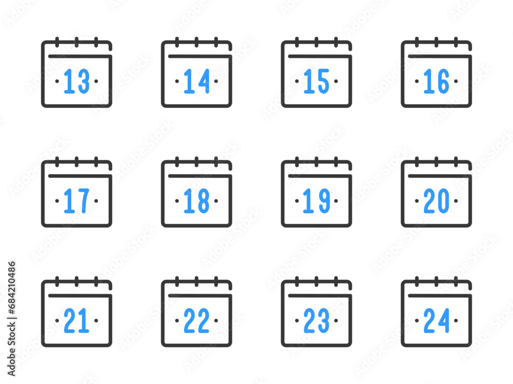 Poster calendar dates from 13 to 24 vector line icons. calendar, schedule and timetable outline icon set.