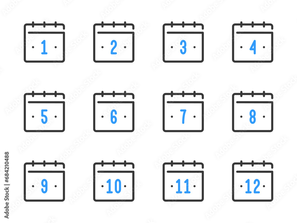 Poster calendar dates from 1 to 12 vector line icons. calendar, schedule and timetable outline icon set.