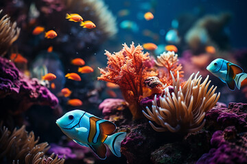 Naklejka na ściany i meble Tropical sea underwater fishes on coral reef. Aquarium oceanarium wildlife colorful marine panorama landscape nature snorkeling diving Generative Ai
