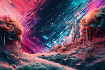 Glitch art merging with celestial bodies, creating an abstract and surreal cosmic glitchscape.